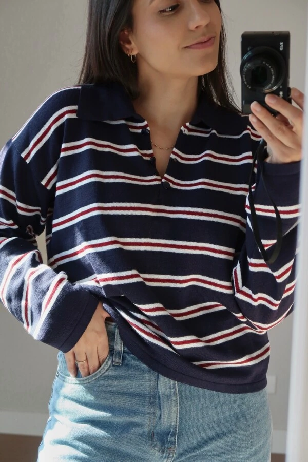 Blusa Vintage Listrada Tricot Manga longa Polo