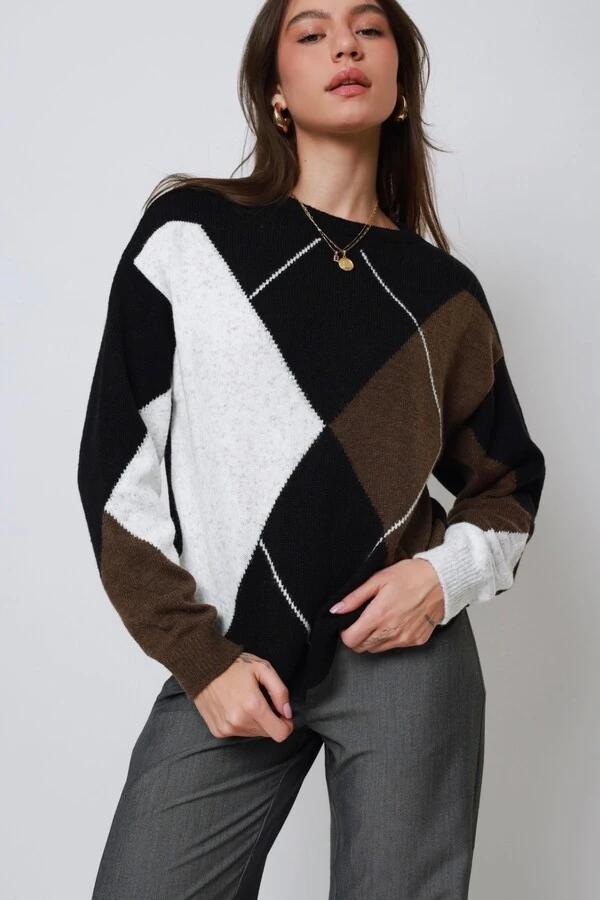 Blusão Xadrez Argyle Tricot Oversized
