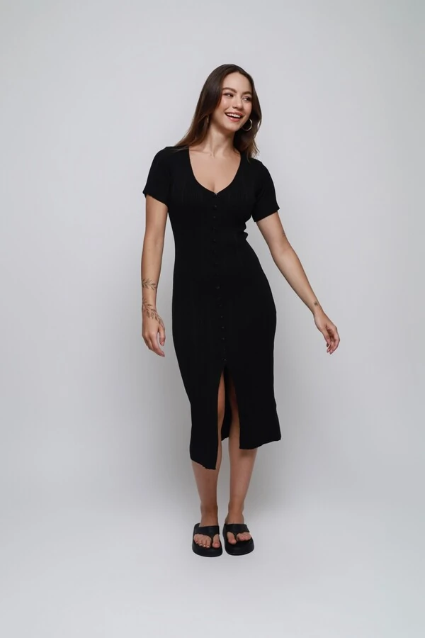 Vestido Botões Midi Tricot Premium Manga Curta