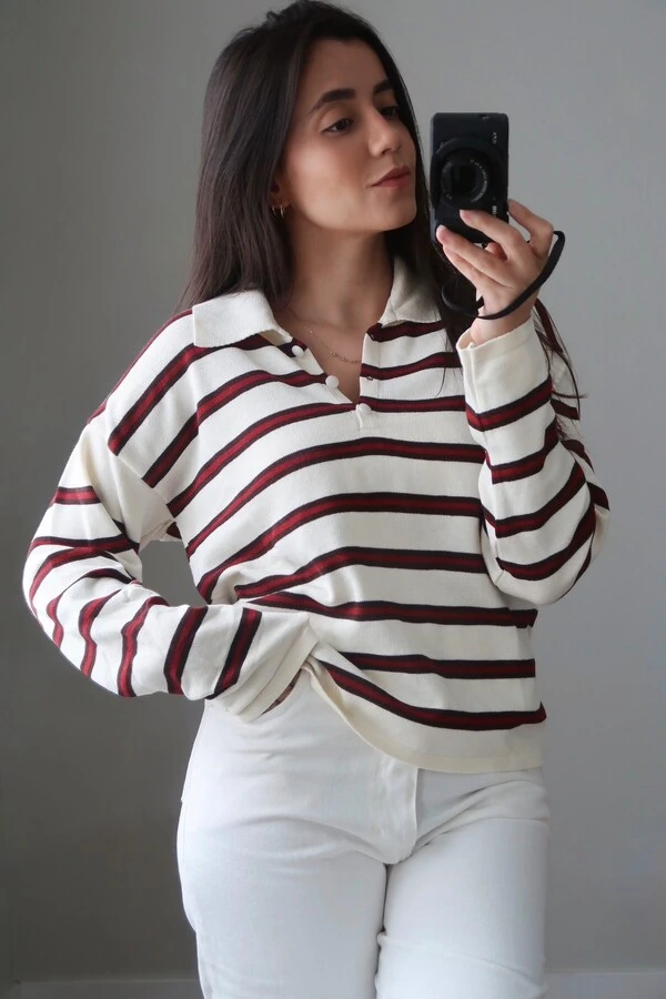 Blusa Vintage Listrada Tricot Manga longa Polo