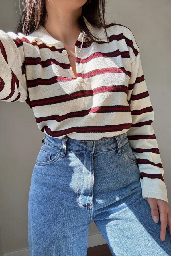 Blusa Vintage Listrada Tricot Manga longa Polo