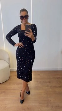 Vestido Midi Canelado Decote Quadrado Manga Longa Elegante