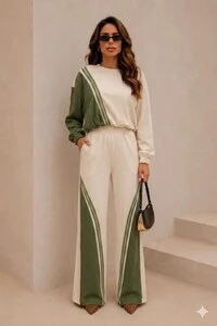 Conjunto Feminino Detalhe Tricot em Moletinho com Calça Pantalona