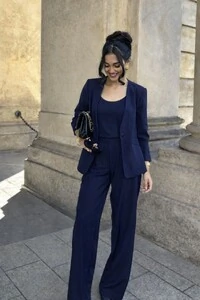 Conjunto Feminino 3 Peças em Moletinho com Blazer e Calça Wide Leg Elegante