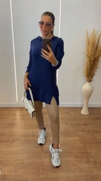 Veste Legging Feminina Alongada em Ribana Canelada com Capuz