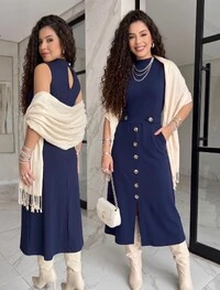 Vestido Brenda Midi em Moletinho com Elastano e Botões Decorativos