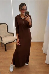 Vestido Marlene Longo Manga Longa em Viscolycra com Fenda – Conforto e Elegância