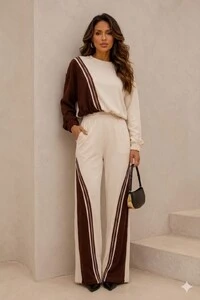 Conjunto Feminino Detalhe Tricot em Moletinho com Calça Pantalona
