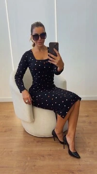 Vestido Midi Canelado Decote Quadrado Manga Longa Elegante