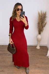 Vestido Midi em Malha Canelada Manga Longa com Fenda