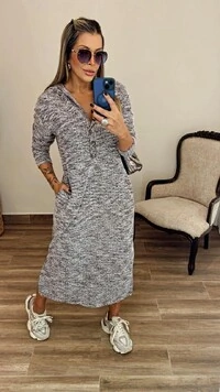 Vestido Tweed Cristal Midi com Capuz