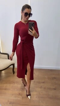 Vestido Assunção Canelado Midi Manga Longa