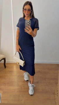 Vestido Mayla Midi com Manga em Arrastão