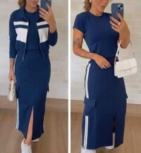 Conjunto 3 Peças em Moletinho – Vestido Midi com Fenda + Jaqueta Esportiva