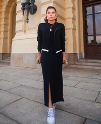 Conjunto Vestido e Casaco com Listras