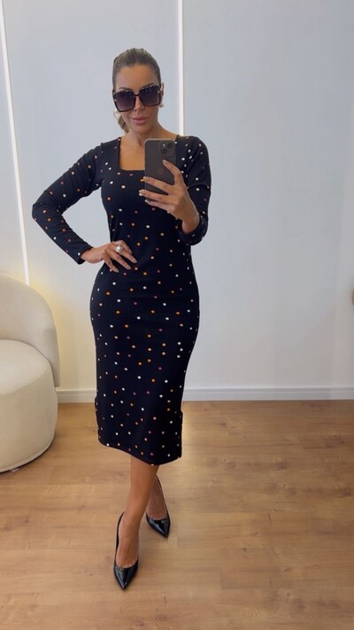 Foto Vestido Midi Canelado Decote Quadrado Manga Longa Elegante