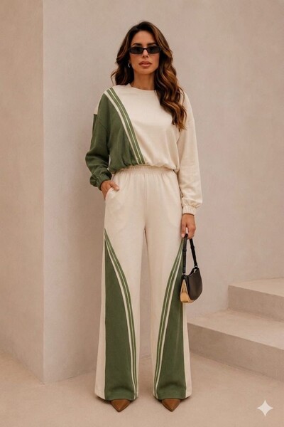 Foto Conjunto Feminino Detalhe Tricot em Moletinho com Calça Pantalona