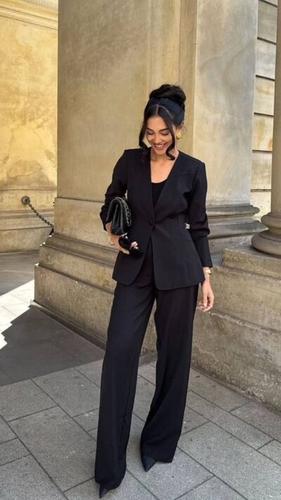 Foto Conjunto Feminino 3 Peças em Moletinho com Blazer e Calça Wide Leg Elegante