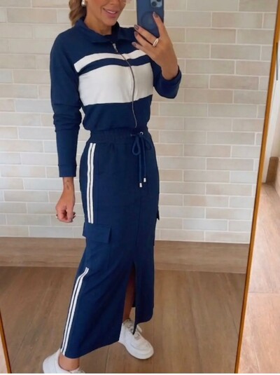 Foto Conjunto 3 Peças em Moletinho – Vestido Midi com Fenda + Jaqueta Esportiva