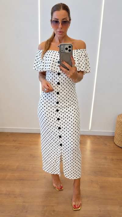 Foto Vestido Midi Poá Ombro a Ombro em Malha Canelada
