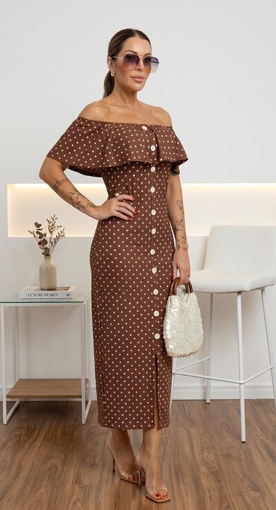 Foto Vestido Midi Poá Ombro a Ombro em Malha Canelada