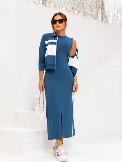 Foto Conjunto Vestido Midi com Fenda + Bomber em Moletinho – Look Moderno e Confortável