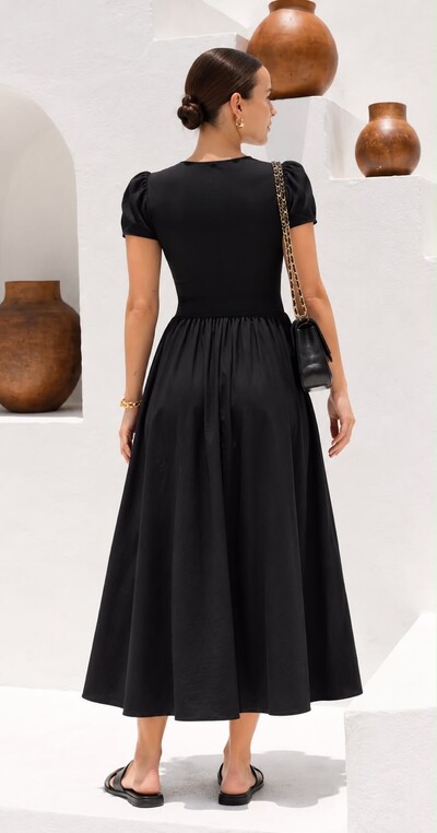 Foto Vestido Midi Feminino em Poliamida com Manga Bufante