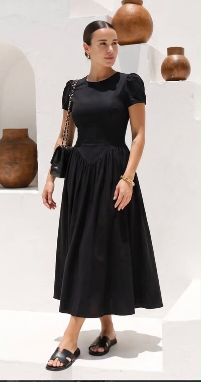 Foto Vestido Midi Feminino em Poliamida com Manga Bufante