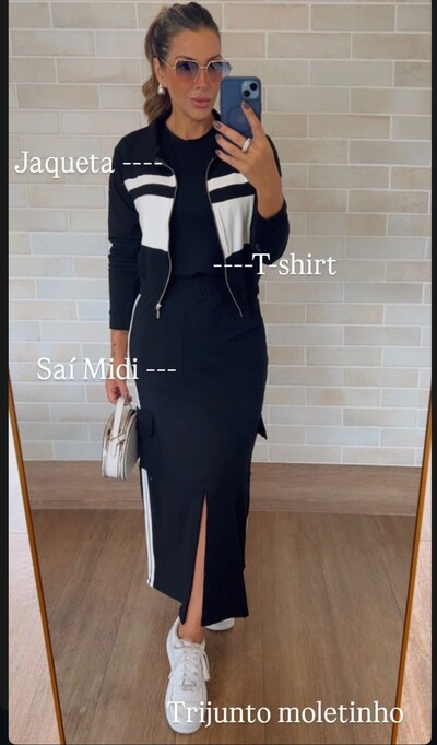 FotoConjunto 3 Peças em Moletinho – Saia Midi com Fenda +blusa + Jaqueta Esportiva