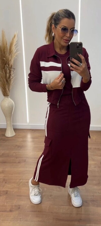 Foto Conjunto 3 Peças em Moletinho – Saia Midi com Fenda +blusa + Jaqueta Esportiva