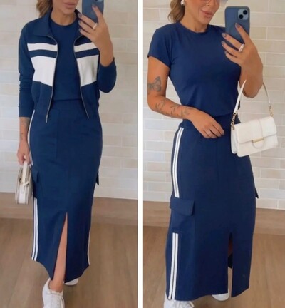 FotoConjunto 3 Peças em Moletinho – Vestido Midi com Fenda + Jaqueta Esportiva