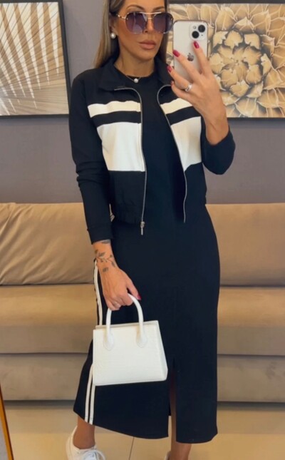 Foto Conjunto Vestido Midi com Fenda + Bomber em Moletinho – Look Moderno e Confortável