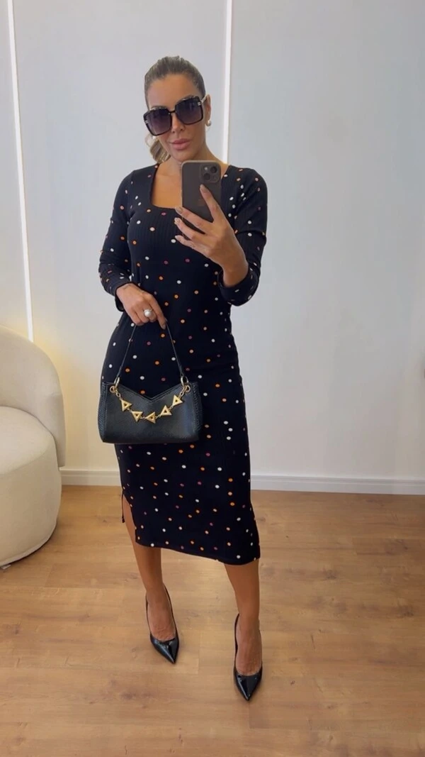 Vestido Midi Canelado Decote Quadrado Manga Longa Elegante