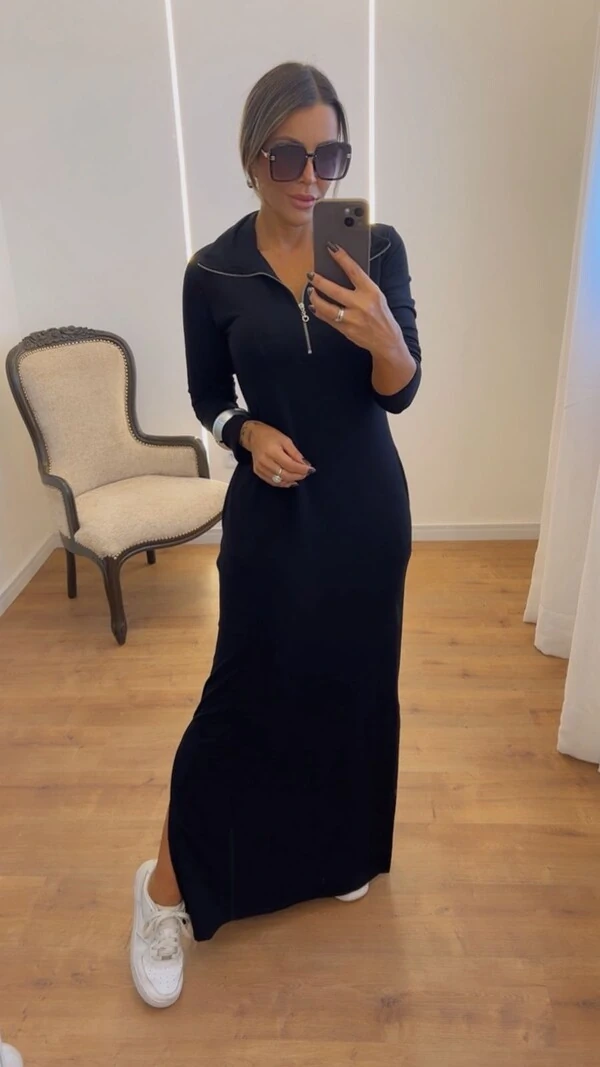Vestido Marlene Longo Manga Longa em Viscolycra com Fenda – Conforto e Elegância