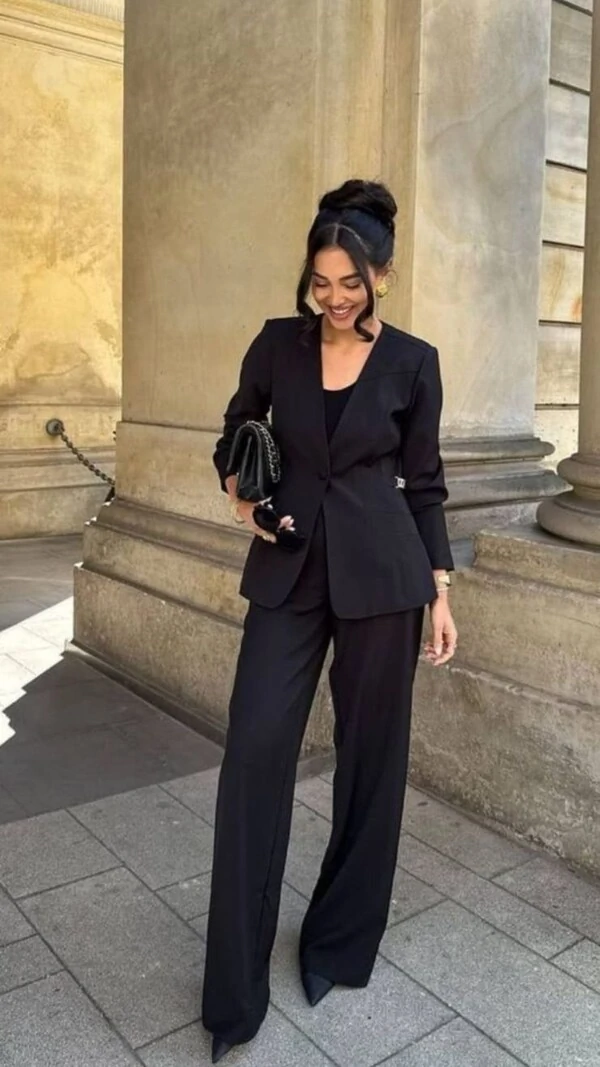 Conjunto Feminino 3 Peças em Moletinho com Blazer e Calça Wide Leg Elegante