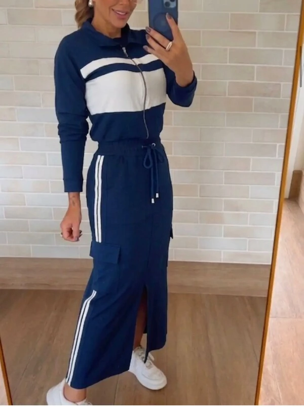 Conjunto 3 Peças em Moletinho – Vestido Midi com Fenda + Jaqueta Esportiva