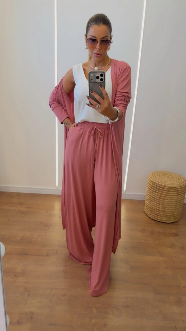 Conjunto Trijunto Grécia em Viscolycra Premium - Calça, Regata e Blusa Alongada