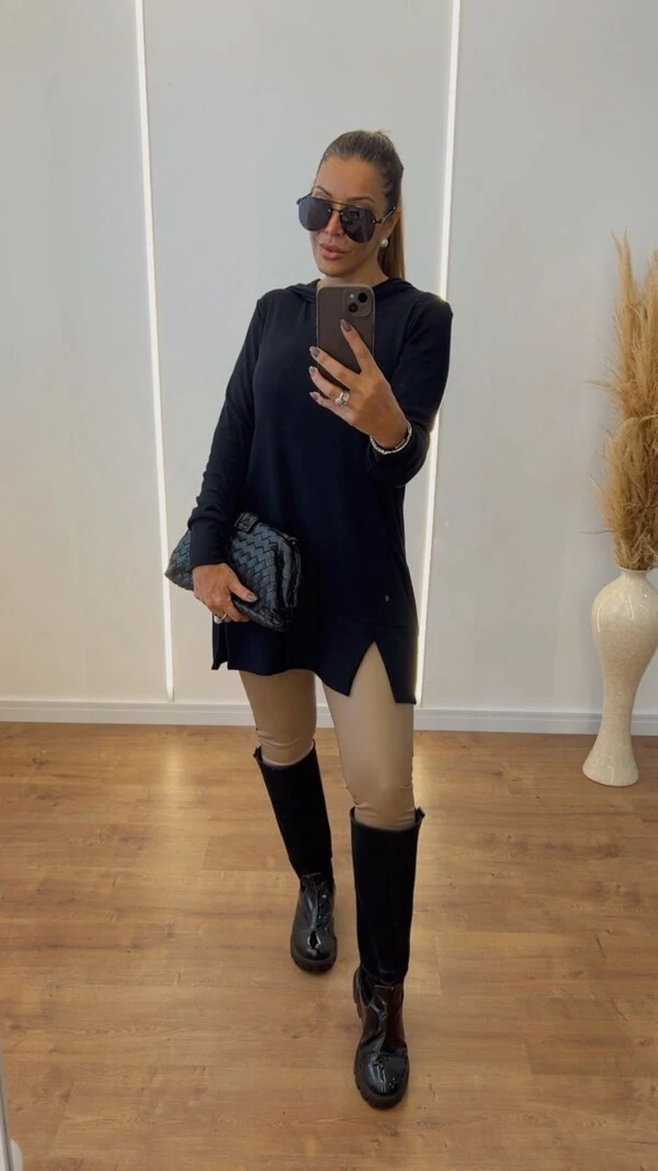 Veste Legging Feminina Alongada em Ribana Canelada com Capuz