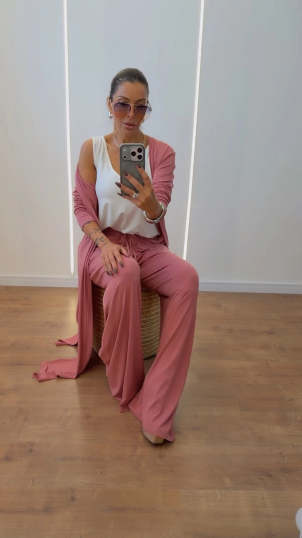Conjunto Trijunto Grécia em Viscolycra Premium - Calça, Regata e Blusa Alongada