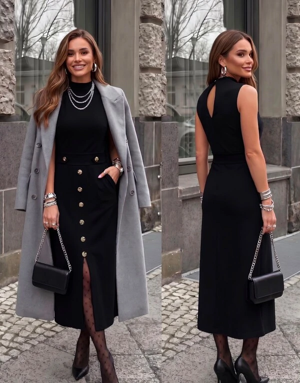 Vestido Brenda Midi em Moletinho com Elastano e Botões Decorativos