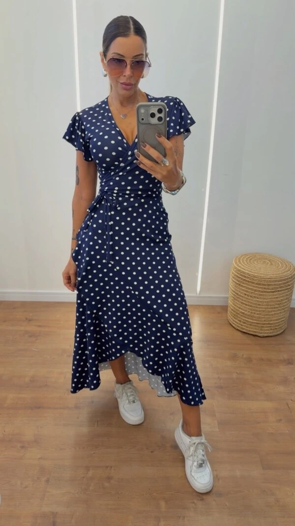 Vestido Midi Transpassado Poá com Amarração