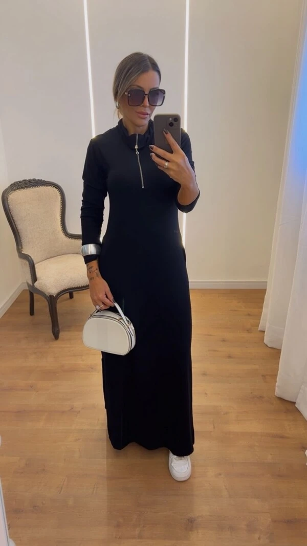 Vestido Marlene Longo Manga Longa em Viscolycra com Fenda – Conforto e Elegância