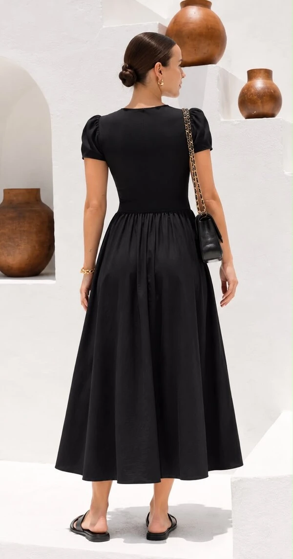 Vestido Midi Feminino em Poliamida com Manga Bufante