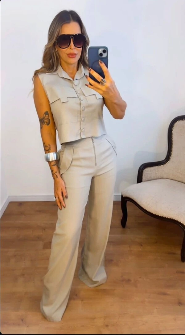 Conjunto Feminino de Linho com Elastano – Colete e Calça Elegante e Confortável