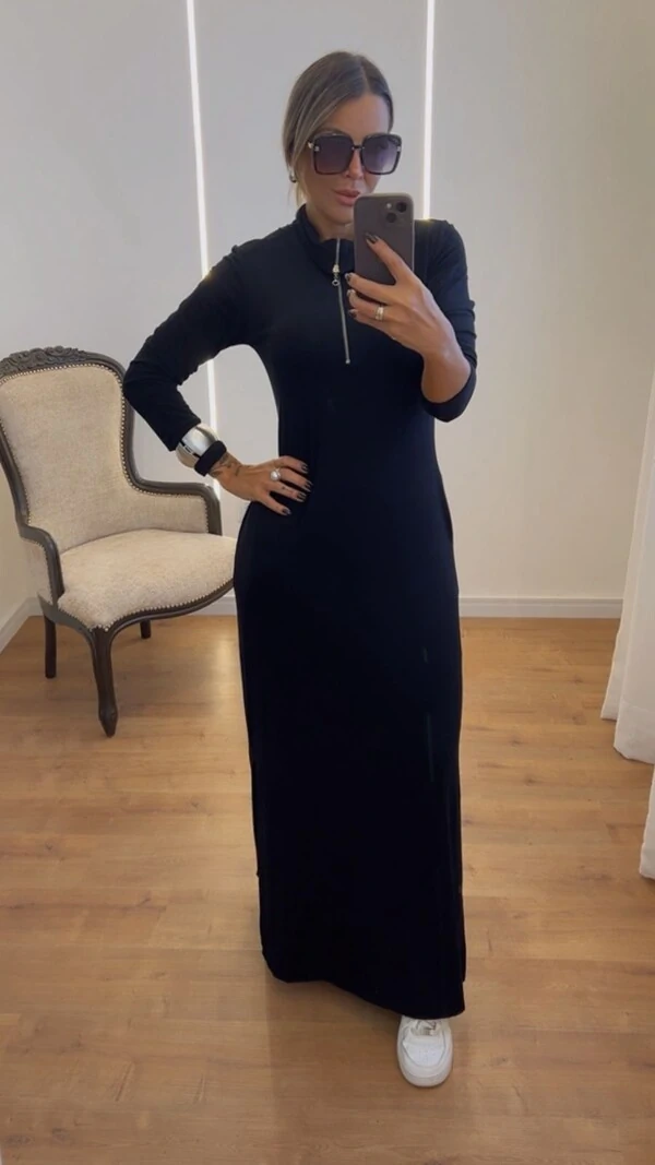 Vestido Marlene Longo Manga Longa em Viscolycra com Fenda – Conforto e Elegância