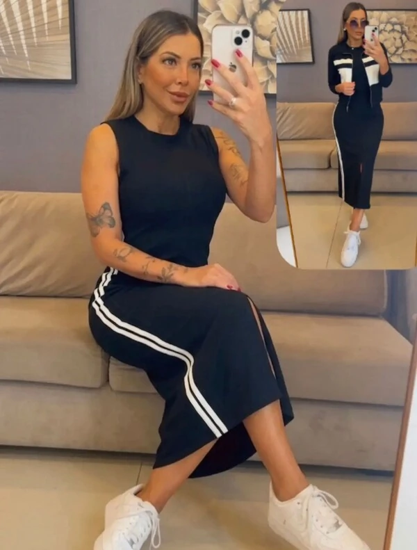 Conjunto Vestido Midi com Fenda + Bomber em Moletinho – Look Moderno e Confortável
