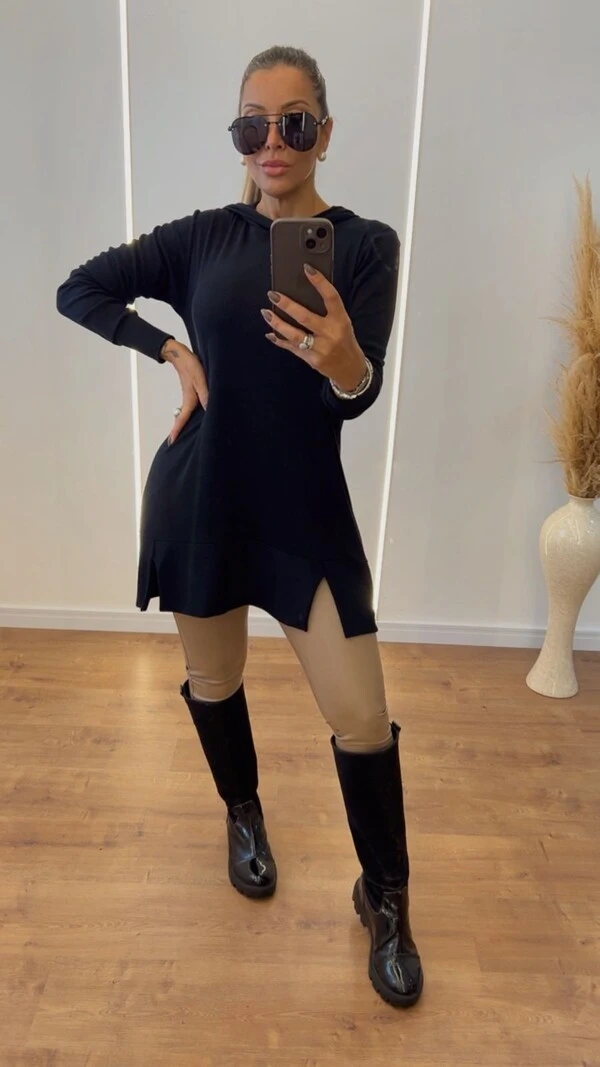 Veste Legging Feminina Alongada em Ribana Canelada com Capuz