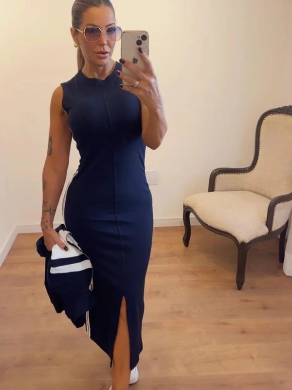 Conjunto Vestido Midi com Fenda + Bomber em Moletinho – Look Moderno e Confortável