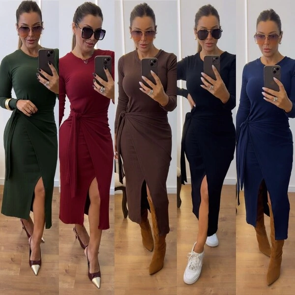Vestido Assunção Canelado Midi Manga Longa