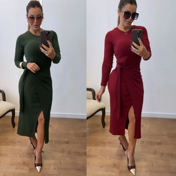 Vestido Assunção Canelado Midi Manga Longa